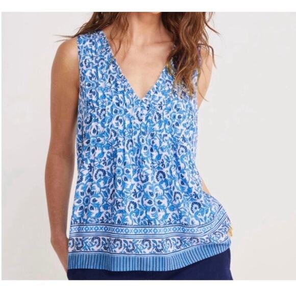 Vineyard Vines Sz L Katama Tile Blue Scarf Pintuck Top Blouse Coastal Boho - Picture 2 of 16